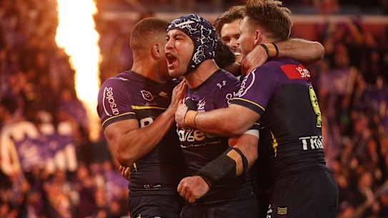 Jahrome Hughes celebrates a crucial first-half try in Melbourne’s win over Cronulla in the preliminary final.