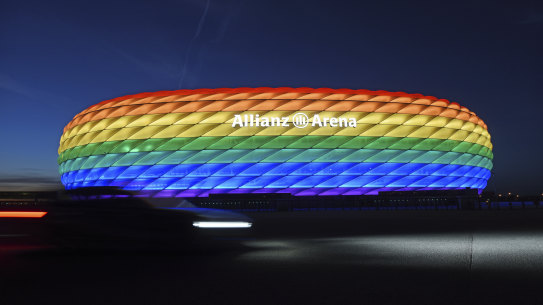 Munich’s stadium was illuminated in rainbow colours in 2016, but won’t be allowed to do the same during Wednesday’s match.