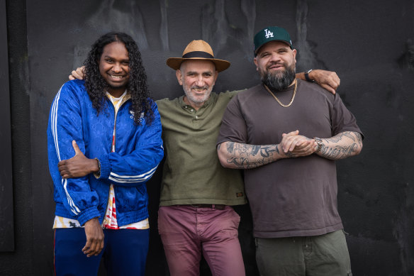 Indigenous rappers Baker Boy (left) and Briggs (right) with singer-songwriter Paul Kelly. 