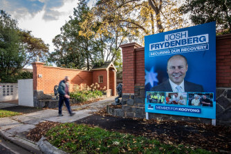 A large Josh Frydenberg campaign poster outside the home of AAT deputy president Karen Synon on Tuesday.