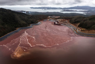 A view of wet tailings, toxic sludge waste from the mining process, at the Prony nickel mine in Goro, New Caledonia.