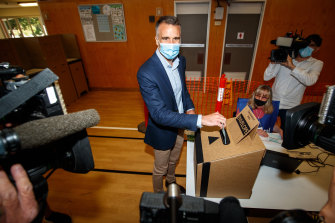 SA Labor leader Peter Malinauskas voting earlier on Saturday. He has become the first opposition to unseat an incumbent government during the pandemic. 