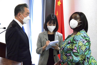China’s Foreign Minister Wang Yi, left speaks with Kenya’s Foreign Affairs Cabinet Secretary Raychelle Omamo, after a press conference, at the Sarova Whitesands Hotel in, Mombasa, Kenya, on Thursday.