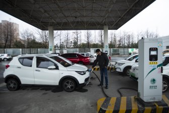 An electric car-charging station in Taizhou, East China’s Jiangsu province.