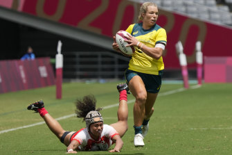 Emma Tonegato, pictured playing rugby sevens at the 2020 Olympics, was a revelation for the Dragons this year.