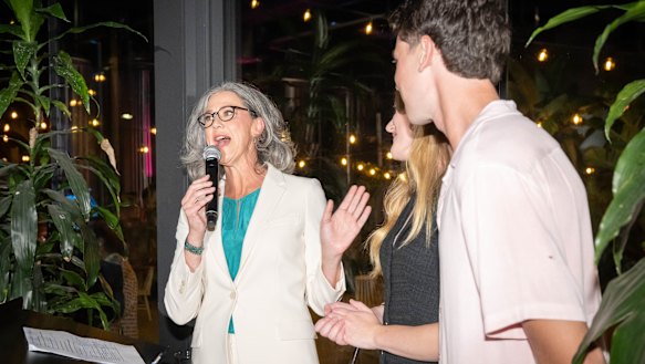Nicolette Boele speaks at her election party in Artarmon on Saturday night.