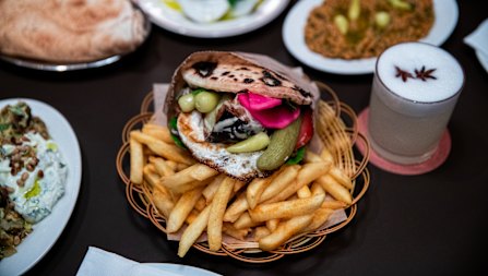 The packed-to-the-brim eggplant pita includes a fried egg and Lebanese garlic sauce.