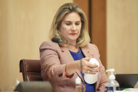 Hollie Hughes checks the label of a liquid nicotine bottle during the tobacco harm reduction inquiry's hearings. 