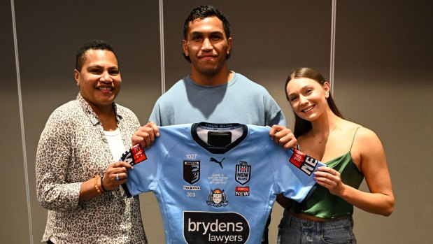 NSW debutant Jacob Saifiti with mother Bev and partner Immogen Rodier.