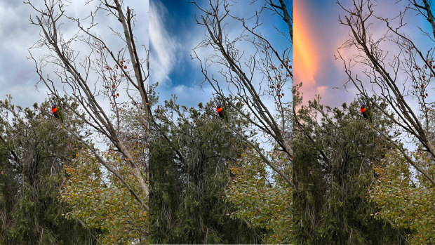 On the left is my original photo, the middle is with Google’s AI-generated sky, the right has “golden hour” turned on.