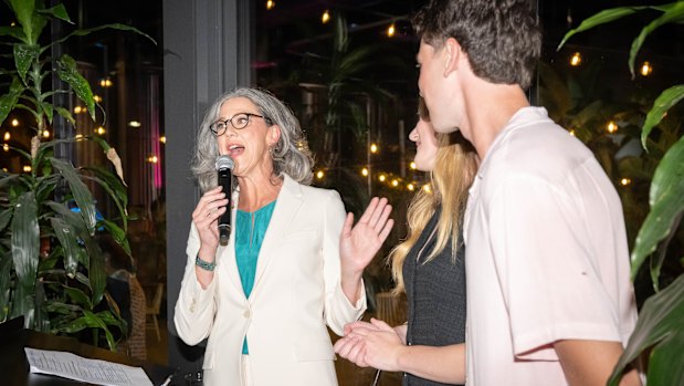 Nicolette Boele speaks at her election party in Artarmon on Saturday night.