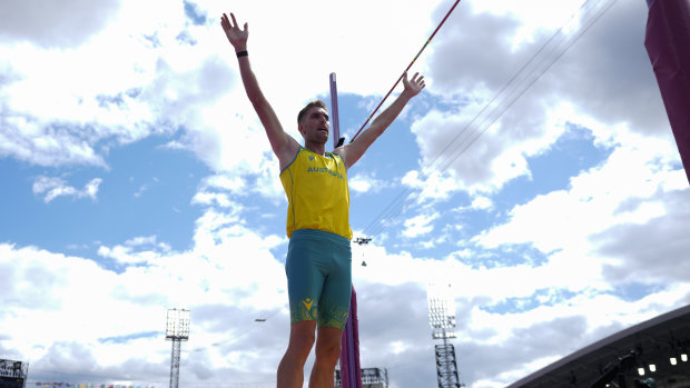 Cedric Dubler after winning the pole vault component of the men’s decathlon. 