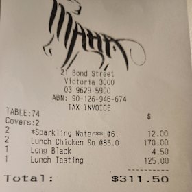 Shared four-course lunch plus sparkling water at Maha in Melbourne’s CBD.