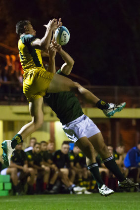 Nawaqanitawase takes a high ball in the Junior Wallabies U20s World Championship warm up against an Australian Barbarians side in Sydney last week.