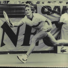 Peter McNamara stretches for a passing shot in a Davis Cup match in March  1986. 
