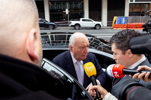 Alan Jones outside the Downing Centre Local Court on Monday.