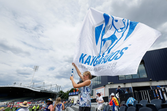 A Roos fan waves a flag before the preliminary final win over Port Adelaide.