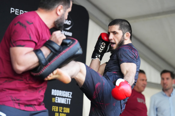 Islam Makhachev at the open training session on Thursday.