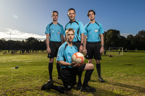 Soccer referees Daniel Emeleus, Rowan Emeleus, Tom Emeleus and Aidan Emeleus.