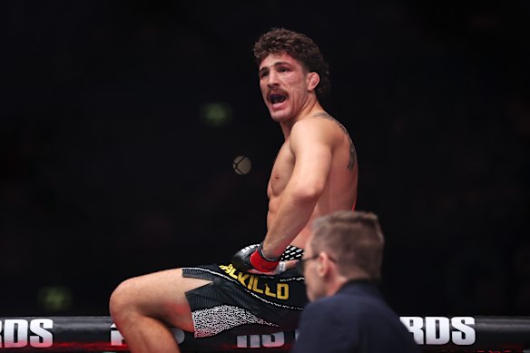 Quillan Salkilld celebrates victory over Jamie Mullarkey during UFC 325: