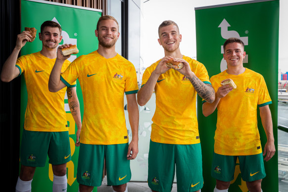 Connor Metcalfe, Nathaniel Atkinson, Riley McGree and Cameron Devlin celebrate the Socceroos’ new sponsorship deal with Subway.