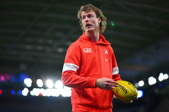 Sydney defender Nick Blakey warms up at Marvel Stadium.