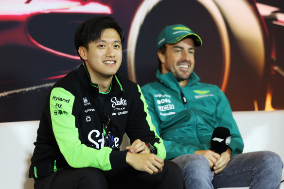 All smiles: Zhou Guanyu of Stake F1 Team Kick Sauber looks on in the drivers press conference.