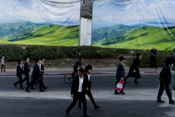 Ultra Orthodox Jewish men in a demonstration against drafting into the Israeli army.