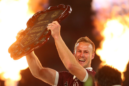 Maroons half and skipper Daly Cherry-Evans celebrates the series win.