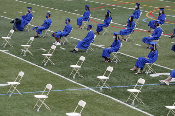 A socially distanced high school graduation in America.