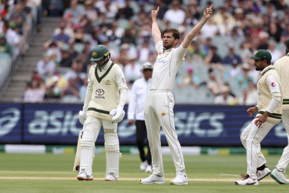 Breakthrough time: Shah Afridi after removing Usman Khawaja for a duck.