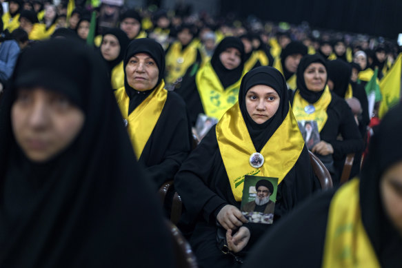 Hezbollah supporters listen to a speech by the group’s leader, Hassan Nasrallah, near Beirut, in May.