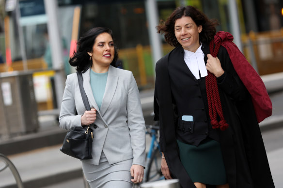 Moira Deeming (left) and her barrister Sue Chrysanthou arrive for day two of the high-profile defamation case on Tuesday.