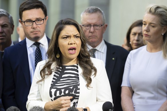 Senator Jacinta Nampijinpa Price speaks at the announcement of the National Party’s opposition to the proposed Voice.