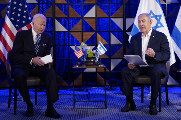 US President Joe Biden speaking to the media with Israeli Prime Minister Benjamin Netanyahu in Tel Aviv on Wednesday October 18, 2023.