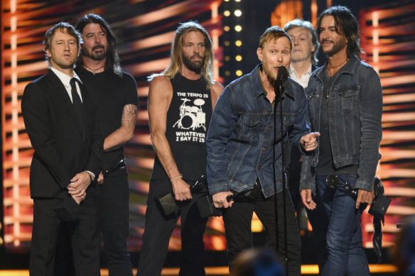 Nate Mendel, of the Foo Fighters, during the Rock & Roll Hall of Fame induction.