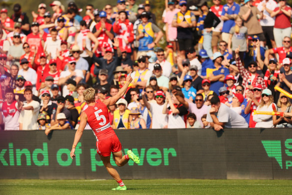 Isaac Heeney celebrates a goal during Gather Round.