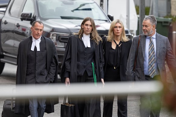 Erin Patterson’s legal team arrive at the Latrobe Valley Magistrates’ Court in Morwell on Wednesday. From left: Colin Mandy, Sophie Stafford, Ophelia Hollway and Bill Doogue. 