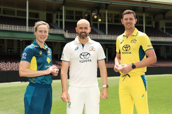 Ellyse Perry, Nathan Lyon and Josh Hazlewood in new Australian cricket team uniformz carrying the Toyota logo. 