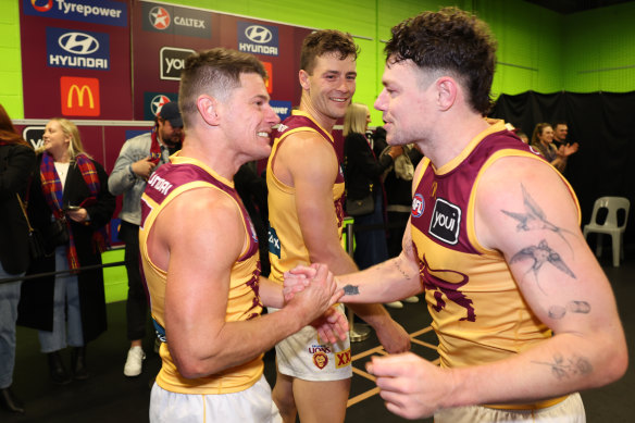 Dayne Zorko and Lachie Neale of the Lions celebrate following the win over GWS Giants.