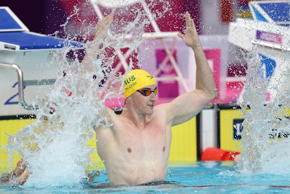 Cam McEvoy celebrates after his 50m freestyle swim.
