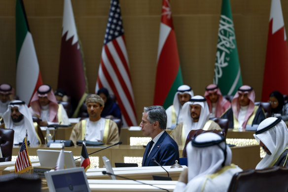 US Secretary of State Antony Blinken, centre, and other officials discuss the humanitarian crises faced in Gaza, in Riyadh, Saudi Arabia.