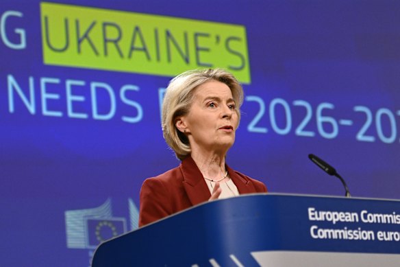 European Commission President Ursula von der Leyen. After dithering for two years over what to do with the Russian assets, the EU has invoked emergency powers to pass legislation that freezes them indefinitely.