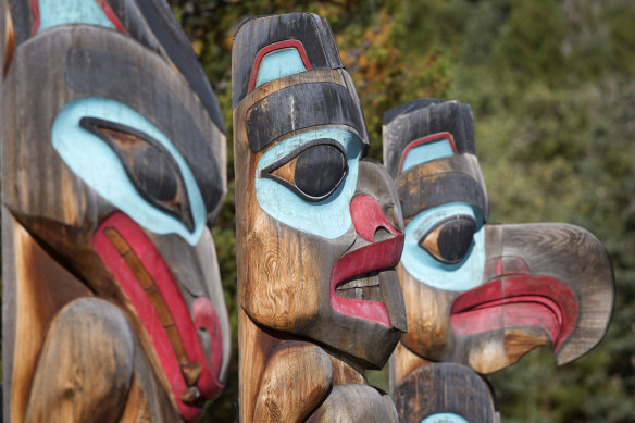 First Nations totem poles, Yukon.