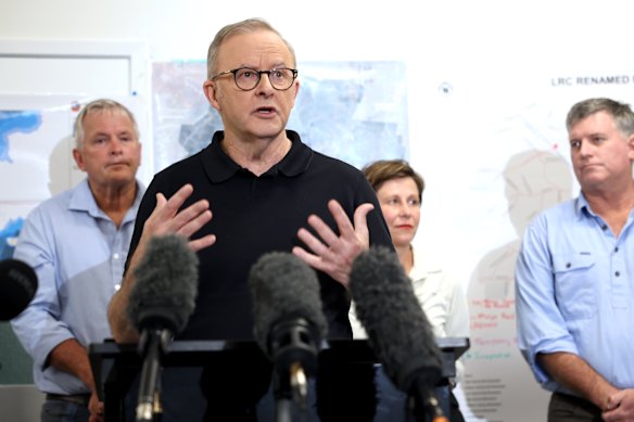 Prime Minister Anthony Albanese at a press conference in Longreach, Queensland.