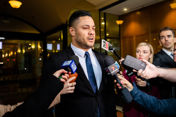 Jarryd Hayne leaves court after being convicted last year.
