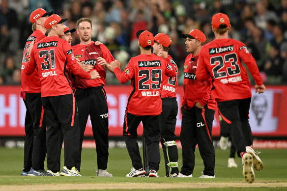 Tom Rogers of the Renegades celebrates the wicket of Joe Clarke of the Stars.