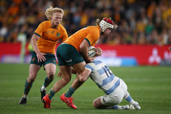 Fraser McReight is tackled at CommBank Stadium.