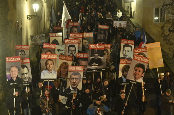 People protest in Prague against the government’s restrictions on unvaccinated people on November 22.