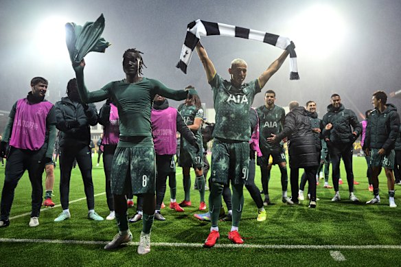 Tottenham players celebrate after making the Europa League final.